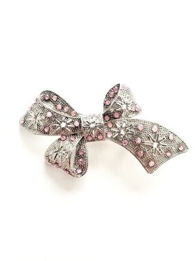Silver Bow Brooch with Pink Rhinestones